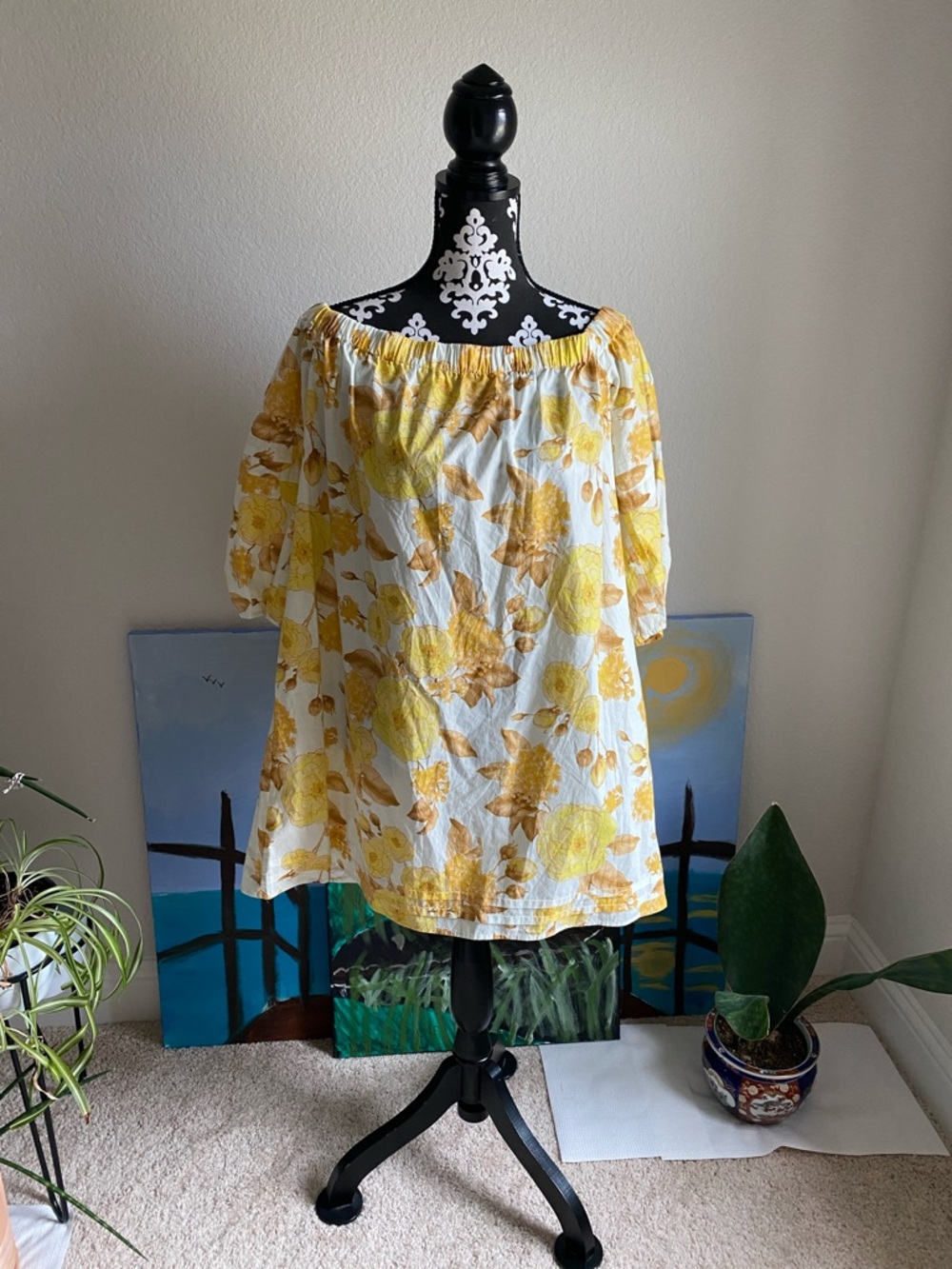 ba&sh White and Yellow Floral Off-the-Shoulder Mini Dress